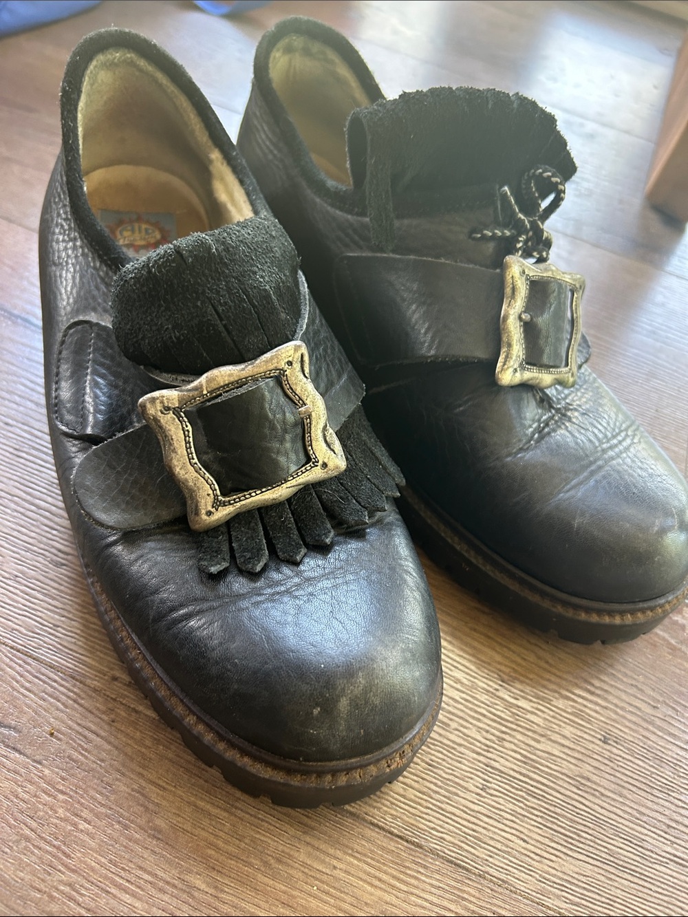 Alp Traum Vintage Black Leather Kiltie Loafers with Decorative Buckle !! Size 8